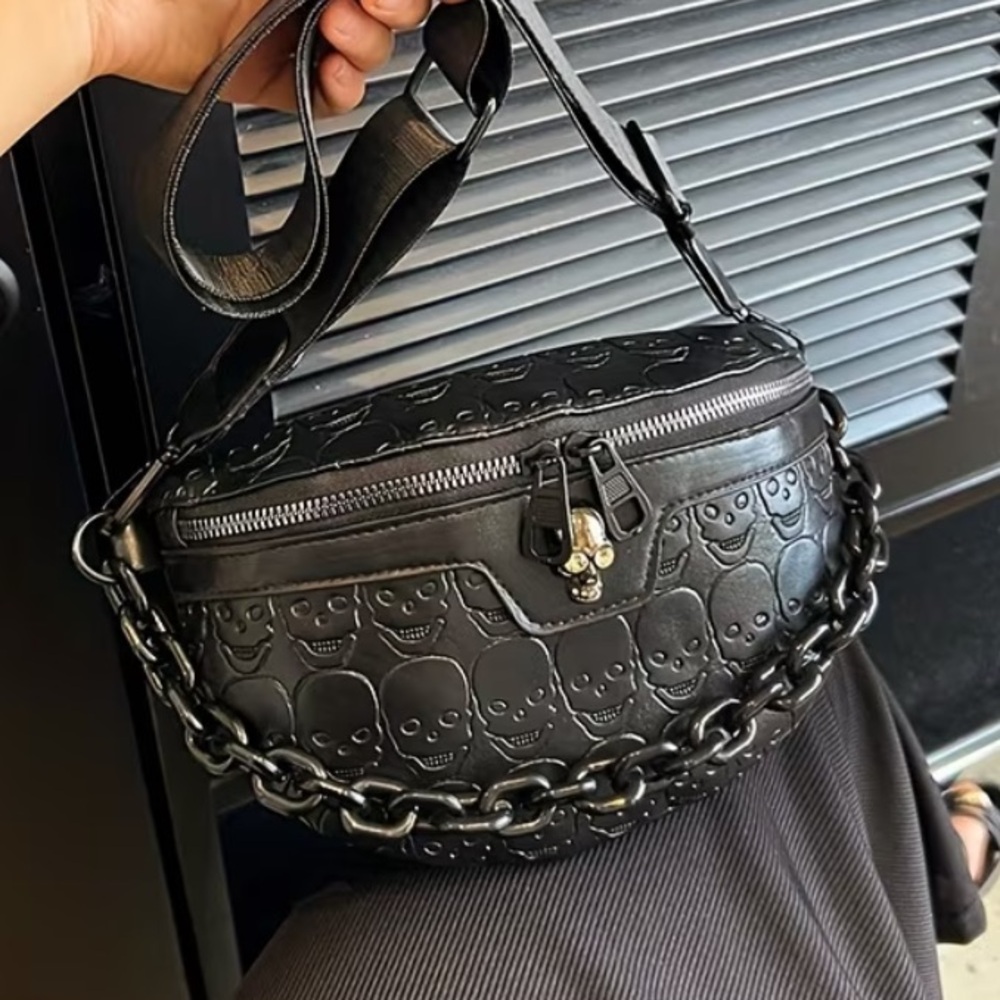 Women’s Black Skeleton Embossed Faux Leather Crossbody Bag with Chain NWT